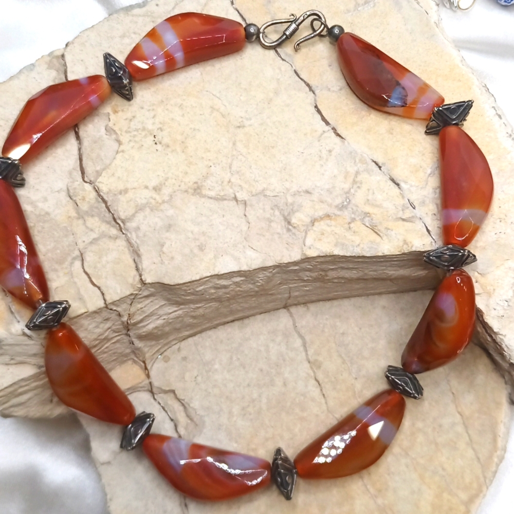Natural Red Banded Carnelian Agate 925 Sterling Silver, Statement Necklace